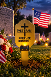 Solar-powered Veteran Grave Marker with gold metal finish, illuminated memorial plaque and American flag